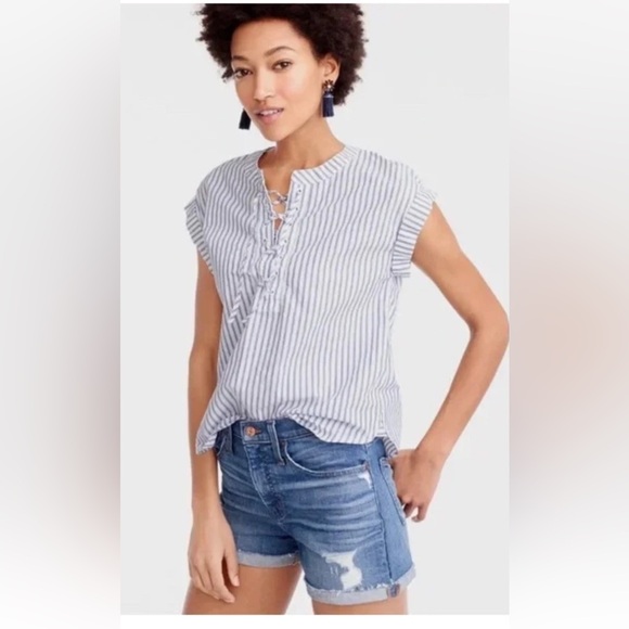 J CREW Lace-Up Popover In Stripe Size 00 - Picture 1 of 10